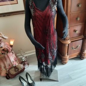 COPY - Red & black Beaded dress with fringe